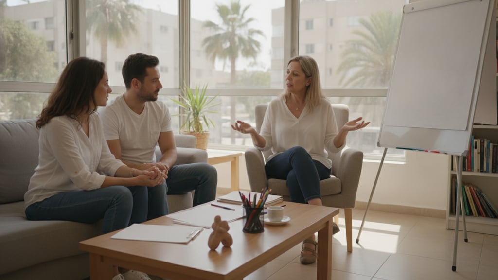זוג יושב בקליניקה של מטפל זוגי במהלך שיחה טיפולית להתמודדות עם משבר בזוגיות.