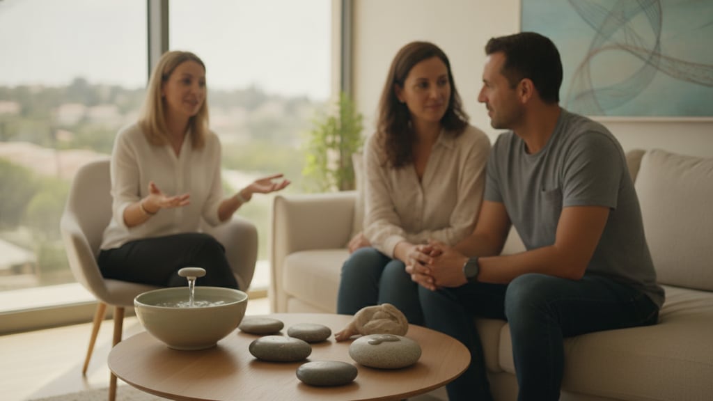 זוג יושב יחד בשיחה בקליניקה לטיפול זוגי ושיקום התקשורת