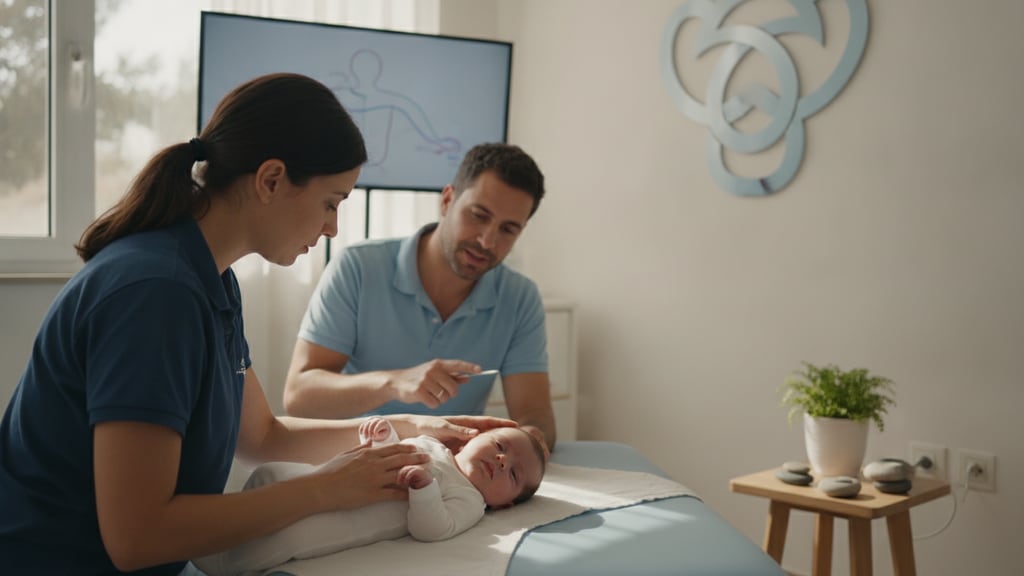 אוסטאופת מטפל בעדינות בתינוק במהלך מפגש אבחון וטיפול